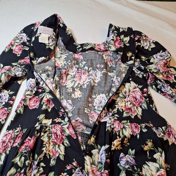 Lisa Petites Vintage 80s Black Floral Lace Bib Collared Neck Midi Dress Size 14 - Picture 8 of 11